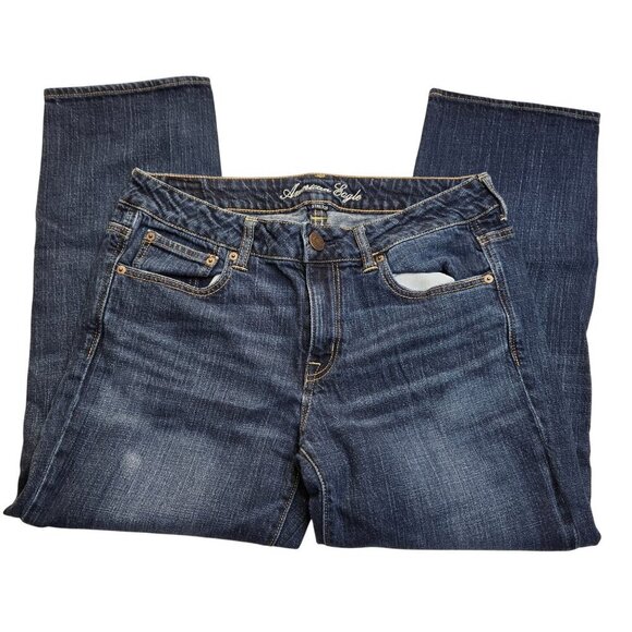 American Eagle Jeans Boy Fit Womens 10 Mid rise Stretch Cropped Dark Wash Y2K - Picture 1 of 11